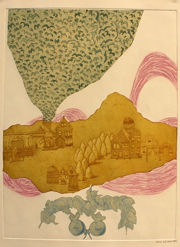Relief print of a village scene of buildings and trees overlaid by an irregular mustard-colored shape. Pink linework curves behind the shape, and a green cloud of birds bursts overhead. A green laurel emblem appears below.