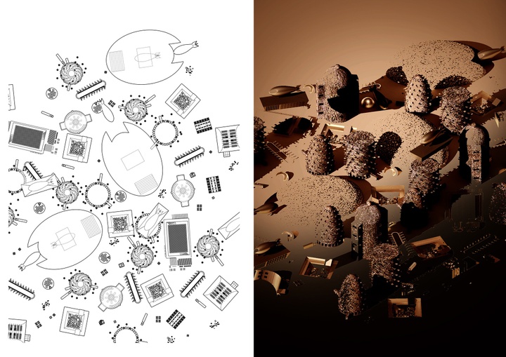 Side-by-side drawings: On the left, a black-and-white drawing featuring numerous circles, rectangles, and ovals with a cutout at one end; on the right, a sepia-toned 3D drawing