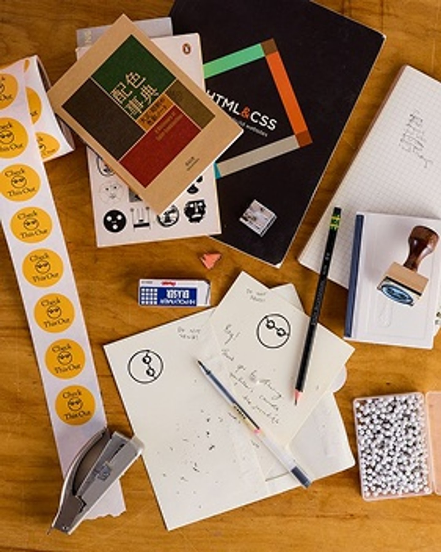 a medley of stickers, pens, books