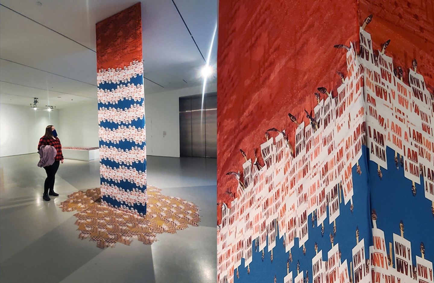 Side-by-side image, showing a person viewing a tapestry hanging from the ceiling, and then a detail view of the tapestry, which is red on top, with a woven strip white pattern flowing into a blue row, then back to the white strip pattern.