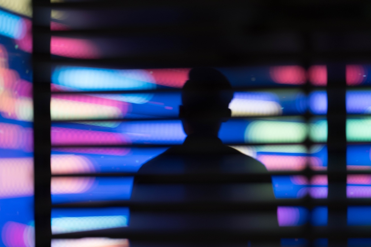 Silhouetted person from the bust up standing in front of colorful graphics on a screen, captured through the horizontal slats of the domed installation