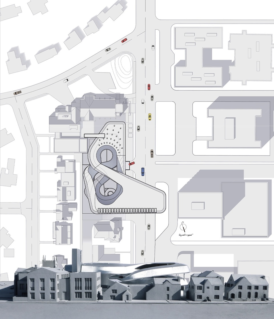 Site plan and physical model of the site for a drive-in church.