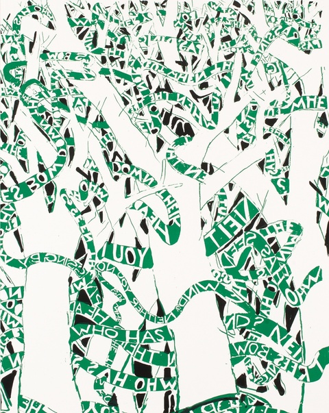 Screen print of intertwining tree branches with hand-drawn text banners woven in between in green and black