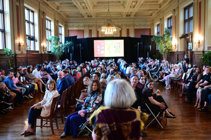 View of the audience in Ridgley Hall facing the speaker