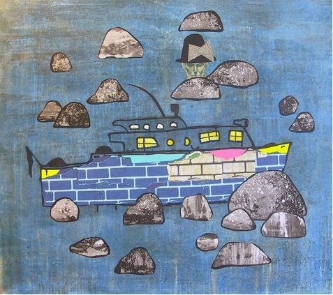 Print of a boat in blue water with collaged rock-shapes