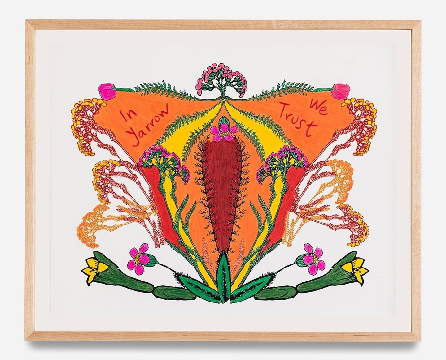An inkjet print with color pencil on paper featuring a yarrow plant with oranges, yellows, reds, and pinks with green accents.