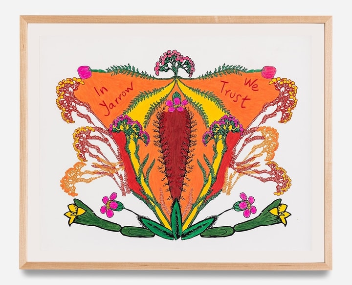 An inkjet print with color pencil on paper featuring a yarrow plant with oranges, yellows, reds, and pinks with green accents.