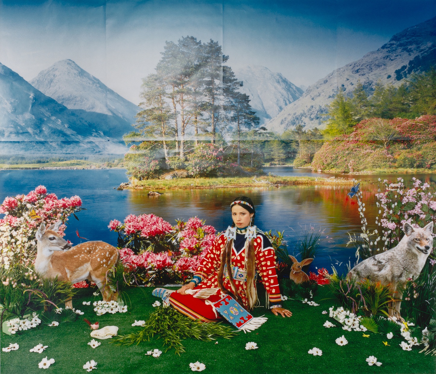 A woman in a traditional Native American dress sits on artificial grass, before a fake painted backdrop, and surrounded by fake flowers and plastic animals.