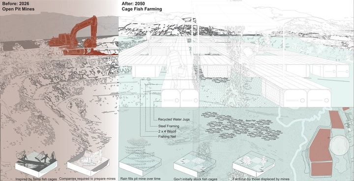 Split architectural conceptual diagram illustrating the transformation of an open-pit mine into an aquaculture farm.