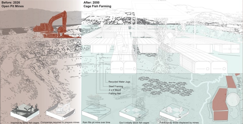 Split architectural conceptual diagram illustrating the transformation of an open-pit mine into an aquaculture farm.