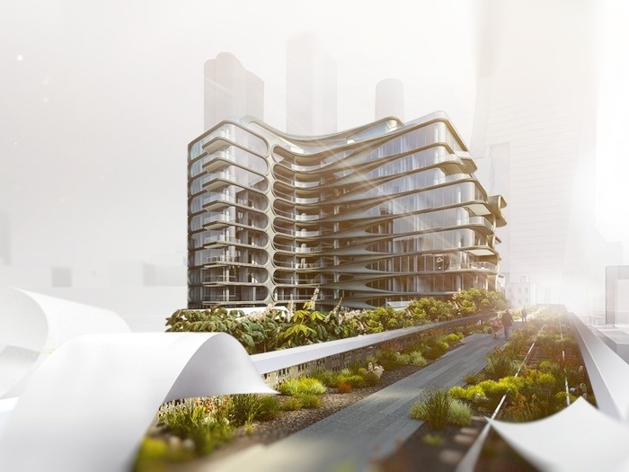 Render of modernist building with greenery in a dreamy light