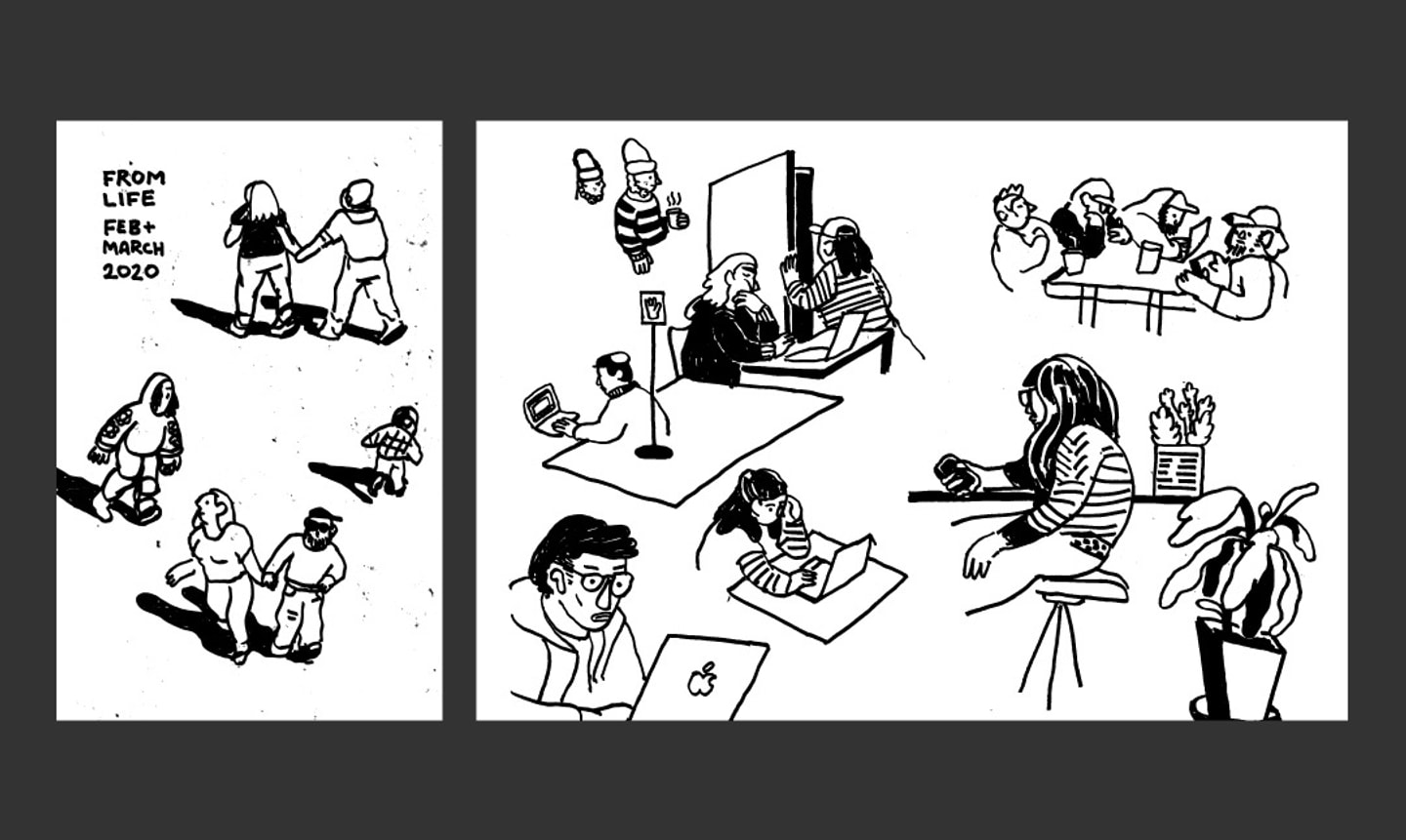 Three panels from a comic zine of black and white drawings of observed people walking, working on laptops, and talking.
