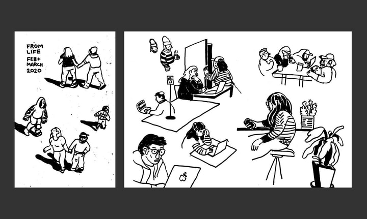 Three panels from a comic zine of black and white drawings of observed people walking, working on laptops, and talking.