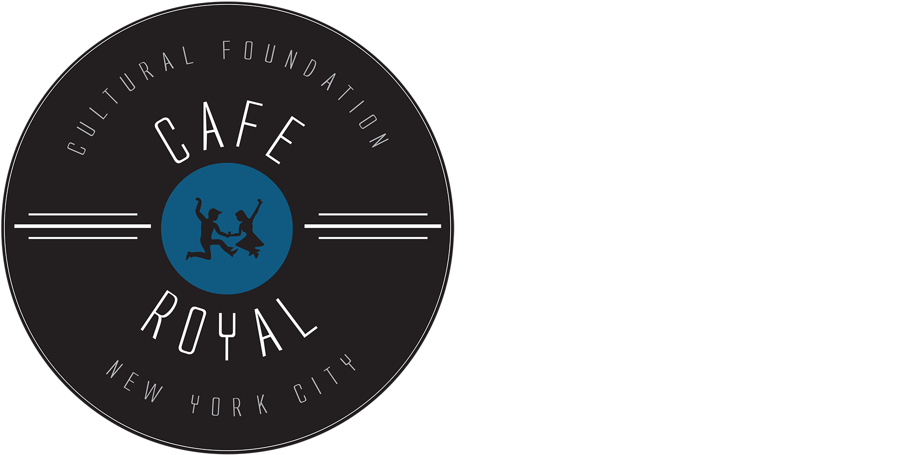 Cafe Royal Cultural Foundation logo. The black, circular logo resembles a vinyl record with a blue circle at the center as a background to two dancing figures leaping in the air.