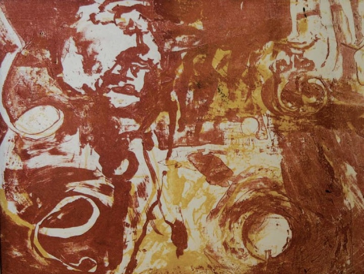 Detail view of an artwork. A deep red is the predominant color, with swirls of white and some marigold yellow detail.