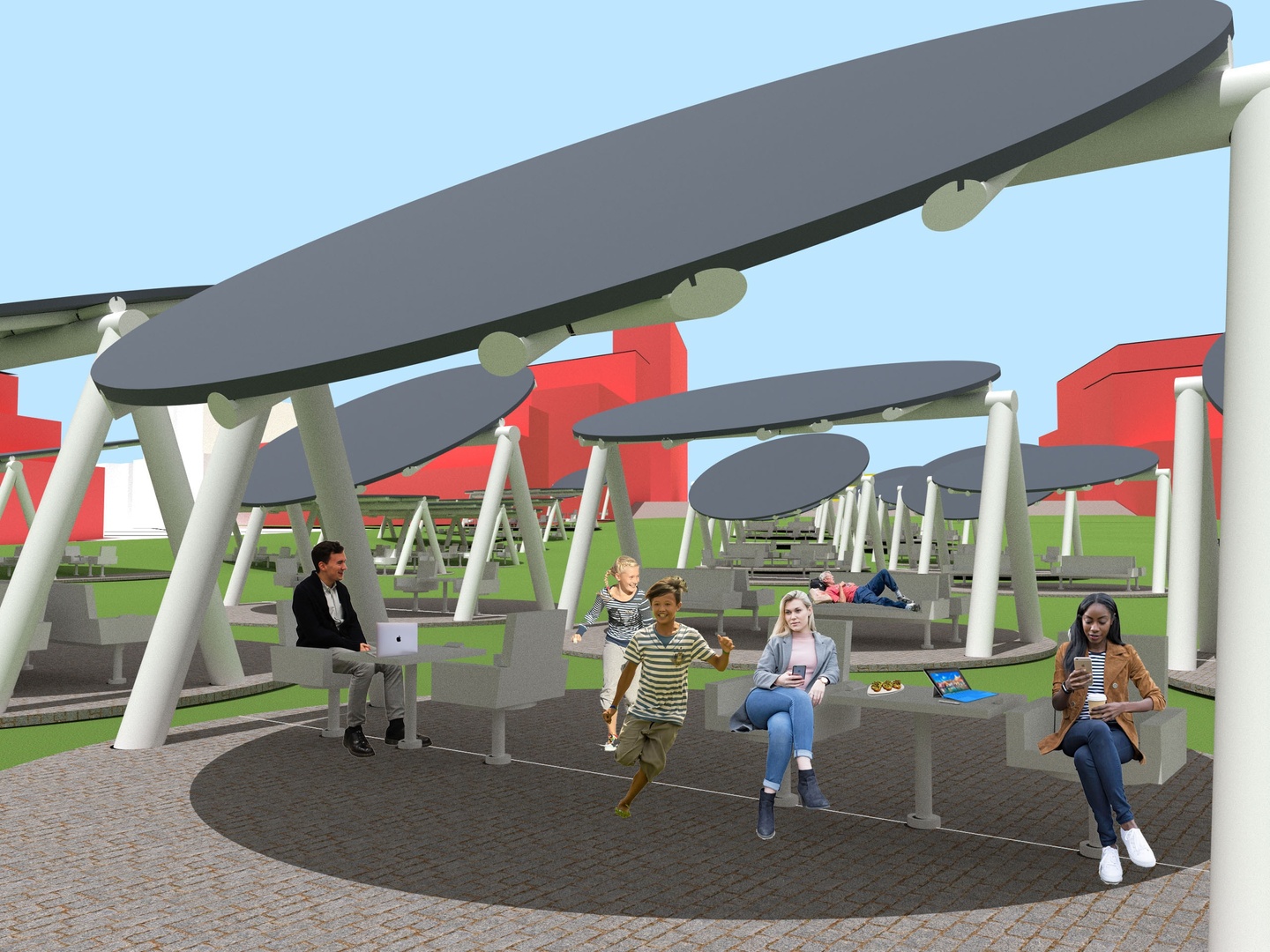 Rendering of people outside underneath a series of ovular gray canopies, many sitting on gray furniture underneath. 