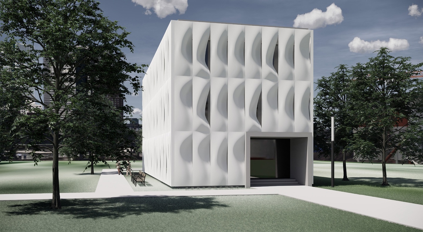 Architectural rendering of a cube-shaped building with curved concrete slabs arranged on its facade