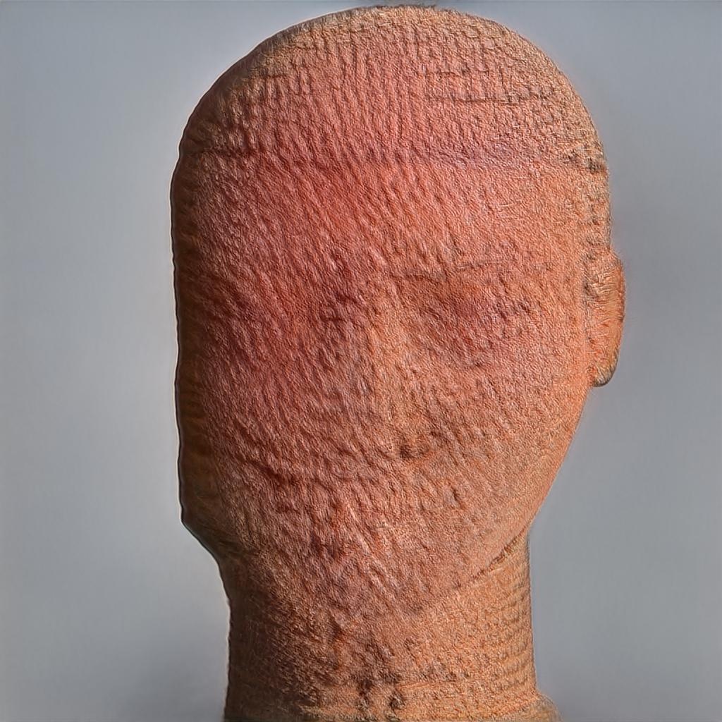 An AI-generated close up view of a weathered terracotta sculpture showing the faint remnants of facial features and hair.