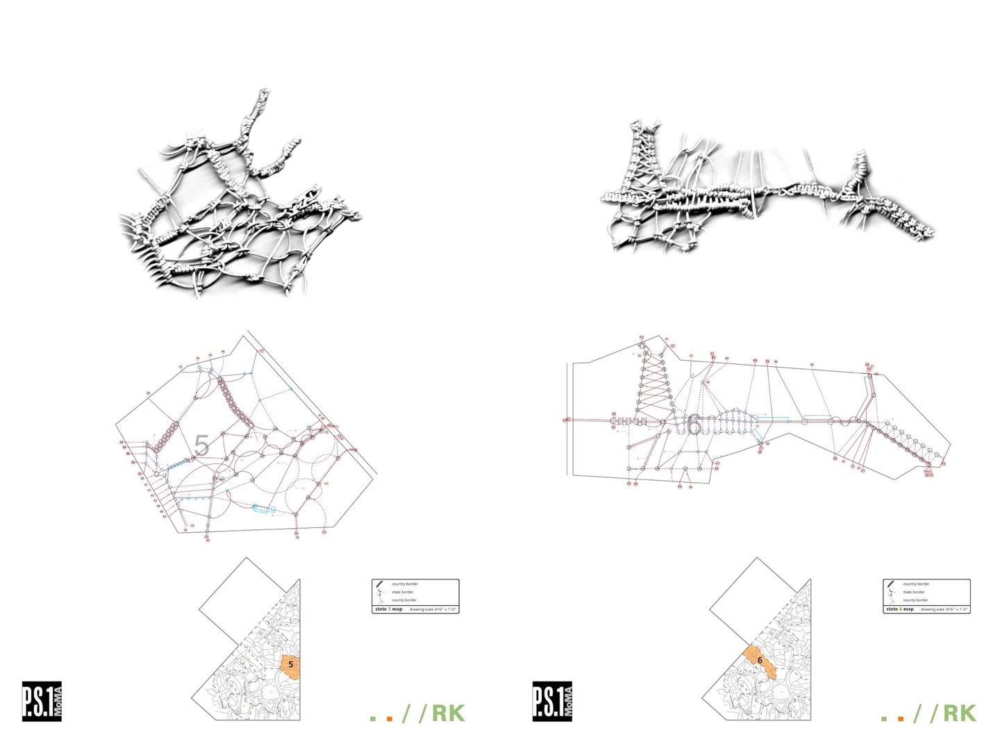 Two columns, each featuring a stack with a model on top and fabrication drawings below.