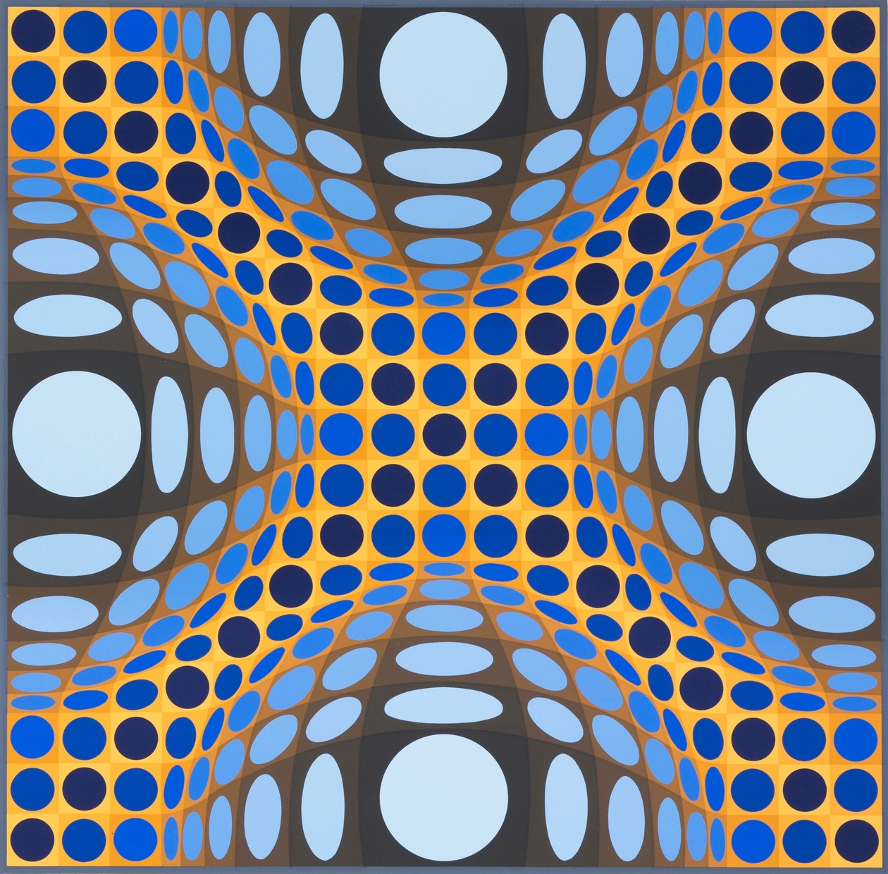 An abstract, optical illusion of blue and black circles on a yellow and black background.