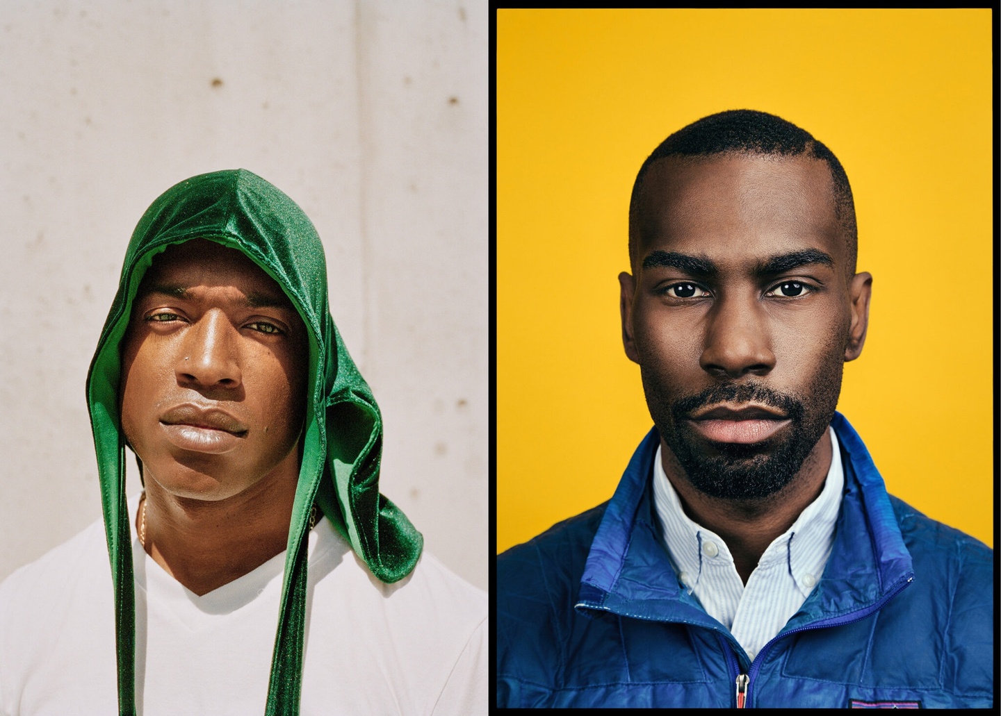 Two inket print portaits, the first of a person in a white shirt with a green durag, set against a white background, and the second of an individual with a blue quilted vest on a yellow background.