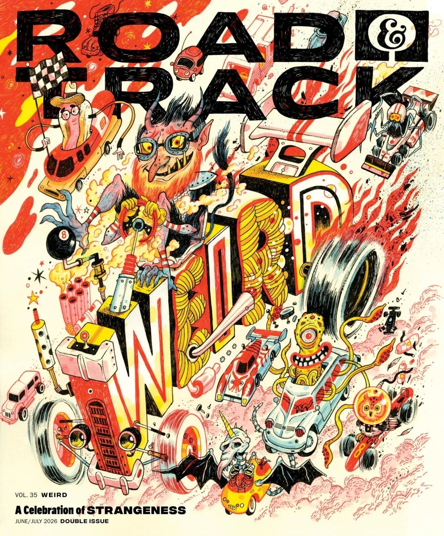 Colorful illustration with race cars and a variety of characters. The words Road & Track are at the top of the page.