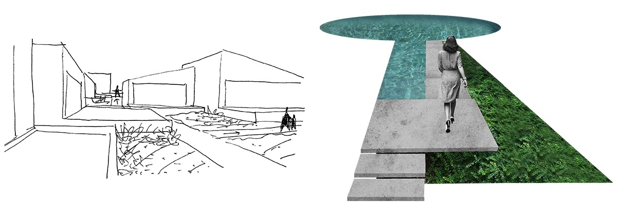 At left, a hand-drawn architectural sketch of a residential building plan. At right, a conceptual architectural collage featuring a woman walking away across a concrete path bordered by green grass on one side an a blue reflecting pool on the other.