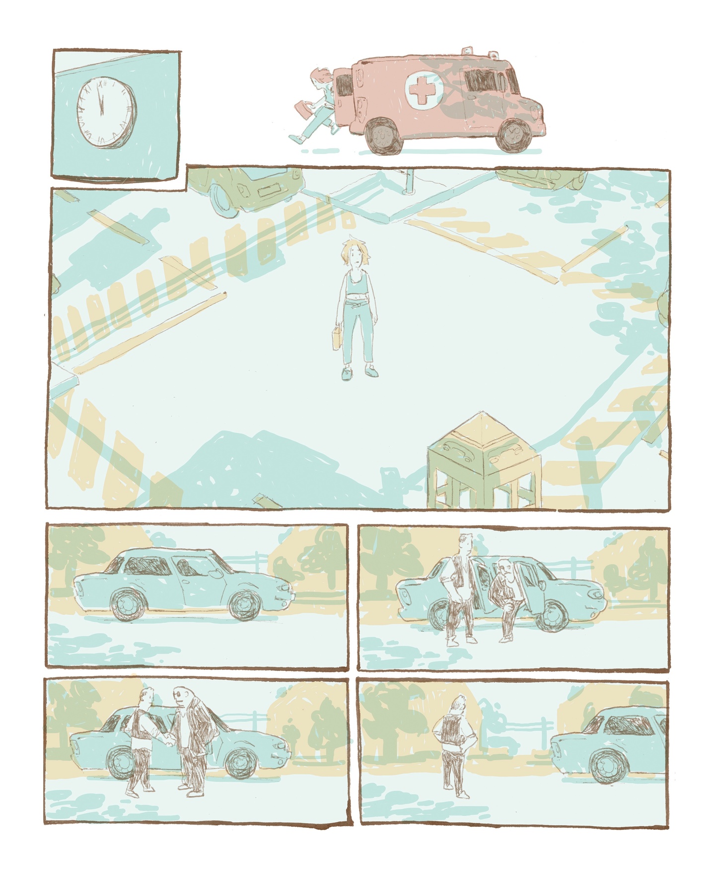Comic page - the person in the tank top hops out of the ambulance in a parking lot. The person in the vest gets out of a car nearby.