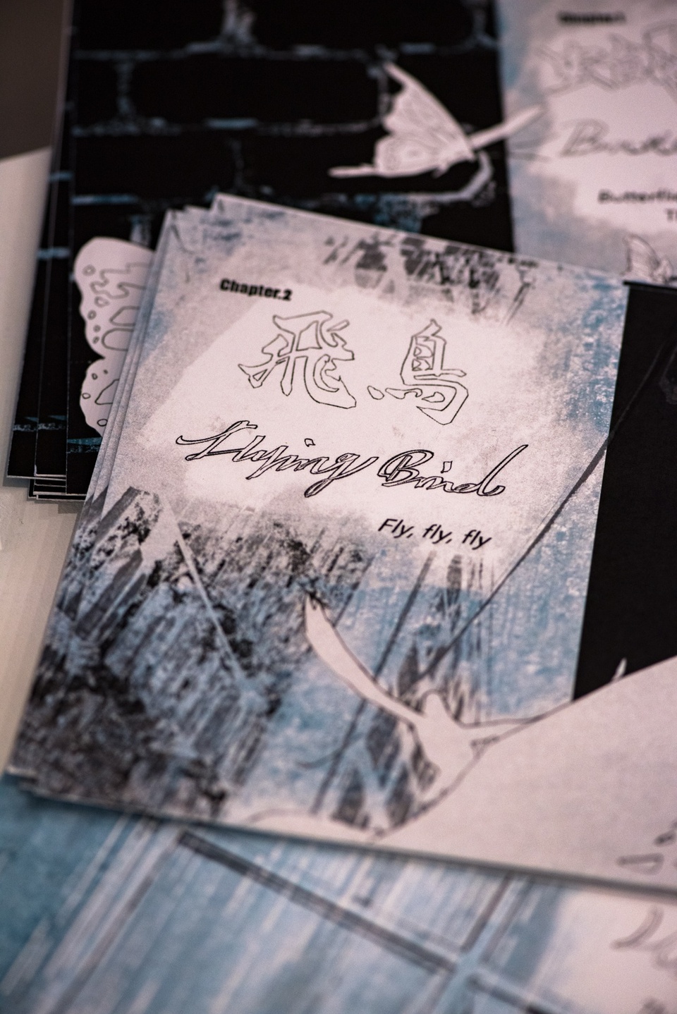 Close up of a postcard with an abstract, blue and black textured illustration reading "Chapter 2: Flying Birds. Fly, fly, fly."