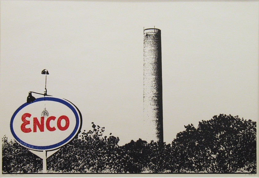 A photo of an Enco gas station sign in red, white, and blue, and the tops of trees and a smokestack in black and white