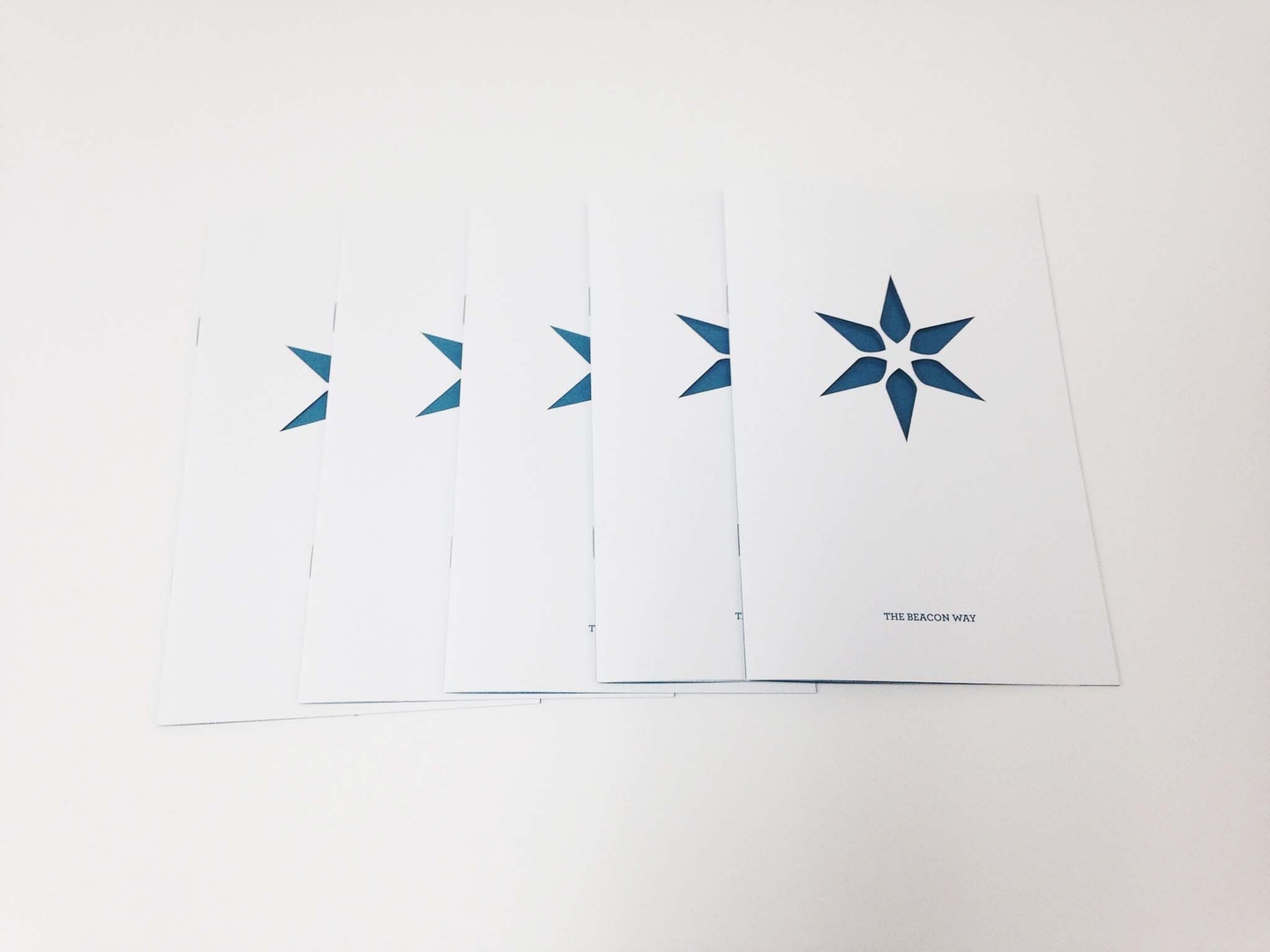 Spread out set of five white booklets, each with a blue six-pointed star-like design on the cover.