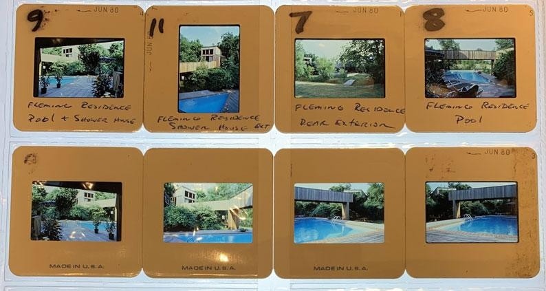Series of two rows of four microfilm thumbnails on a brown background, showing the exterior facades of buildings plus landscapes.