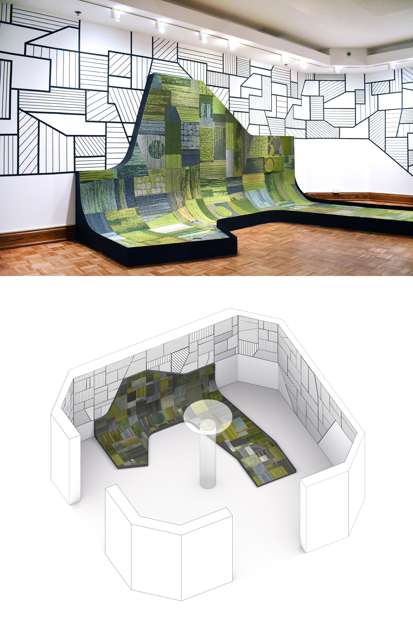 Installation (above is photograph of piece) and (below is rendering of installation in gallery space)