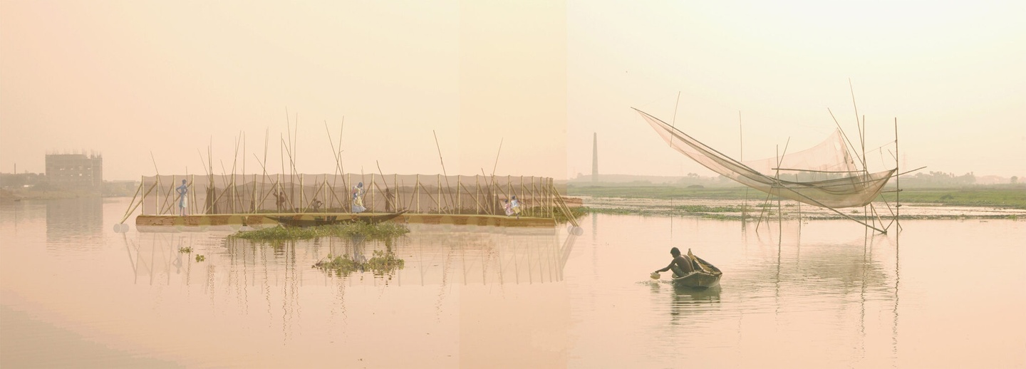 A rendering of a man in a small watercraft, reaching into the water with a small container, moves toward two ethereal structures near the water's edge. The sky and water are a shimmery peach color.