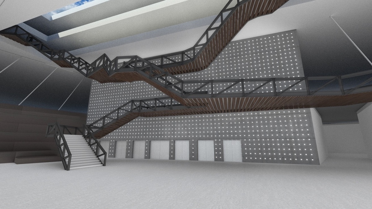 Interior render of staircase against gray wall with low resolution pixels on the wall. 