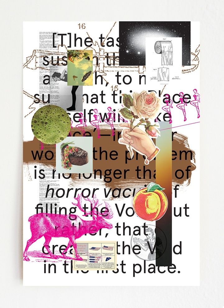 A collage on a white background background, with black type obscured by objects such as a drawing of a roll of toilet paper, the moon, a hand holding a peach rose, a piece of steak, a peach, and a neon pink cow.