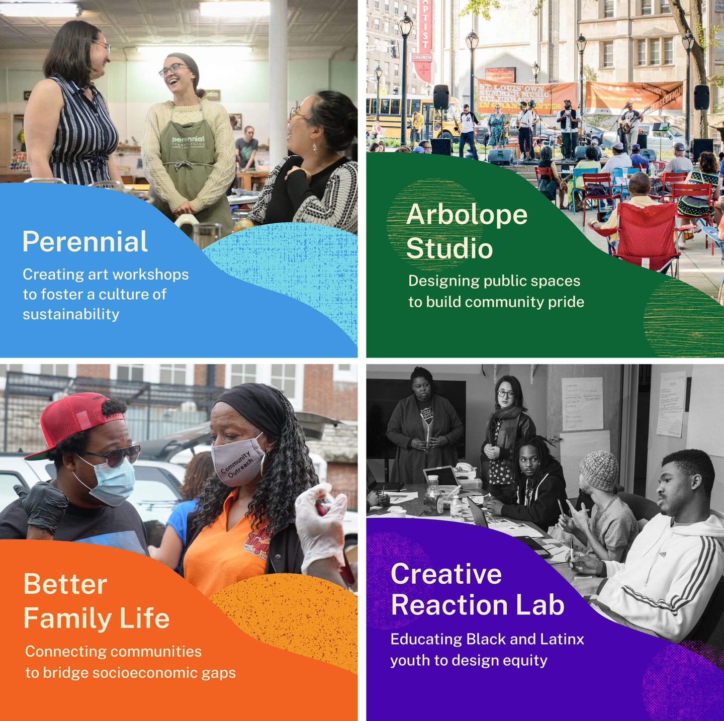 Four square images each show a photo of people interacting, with an organic shape that has the name of the partner organization in it. 