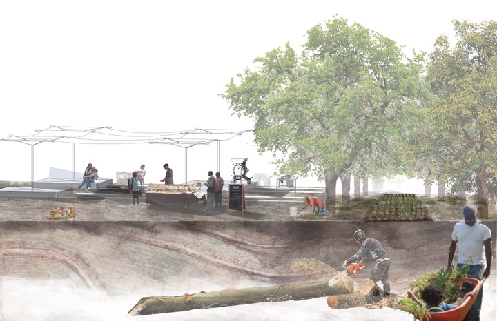 A collaged drawing shows people working on a garden and in a plaza. 