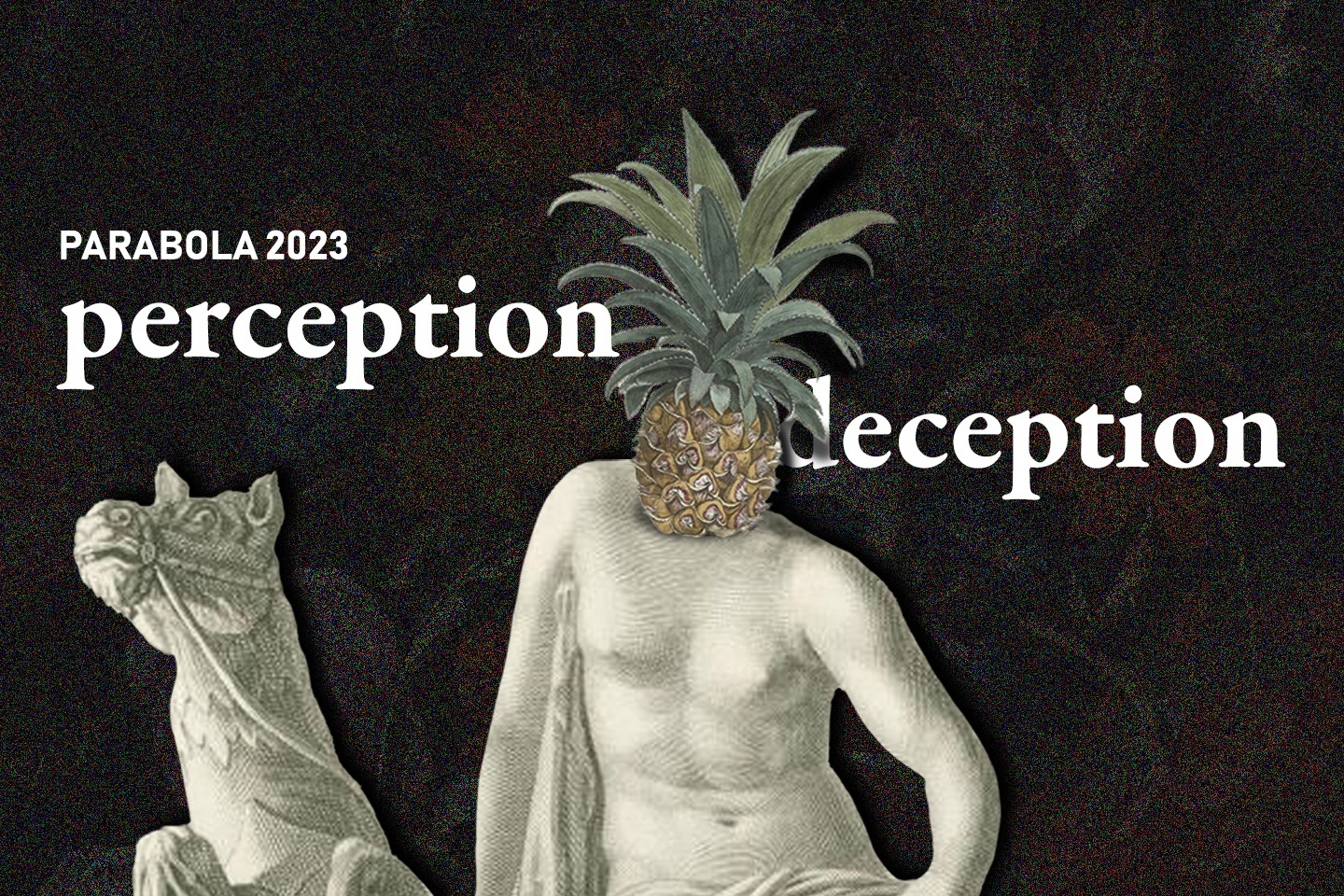 Banner graphic of a classical marble sculpture with its head replaced by a pineapple, sitting side-saddle on a marble horse.