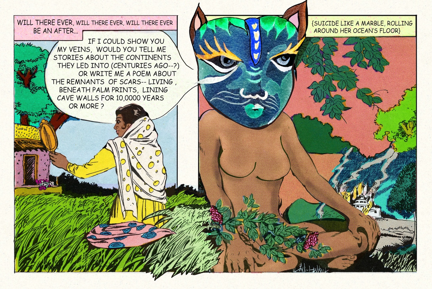 Comic panels featuring a person outside, looking in a hand mirror to the left, and a bigger figure with a blue and green cat mask to the right.