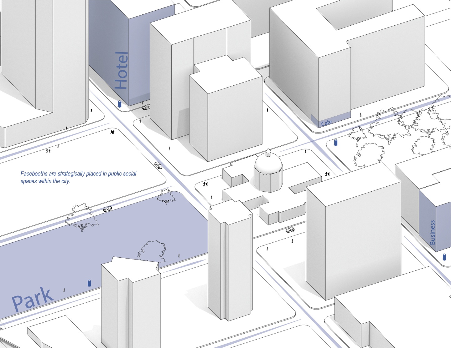 Aerial city plan showing locations of Facebooths around downtown.