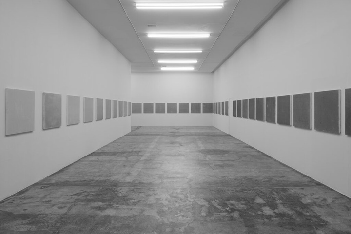 Exhibition view of Santiago Sierra's "52 Canvases Exposed to Mexico City's Air."