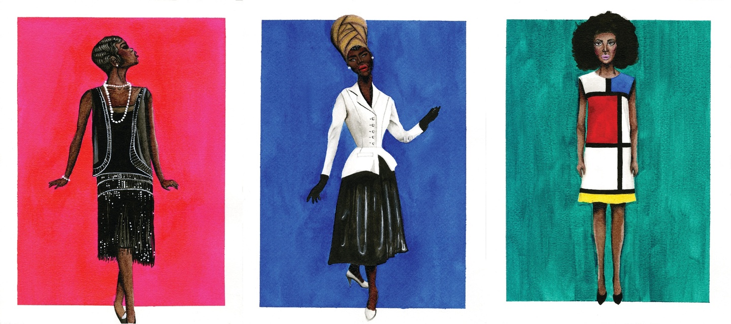 Three drawings of figures, each in a colored box, wearing dresses.