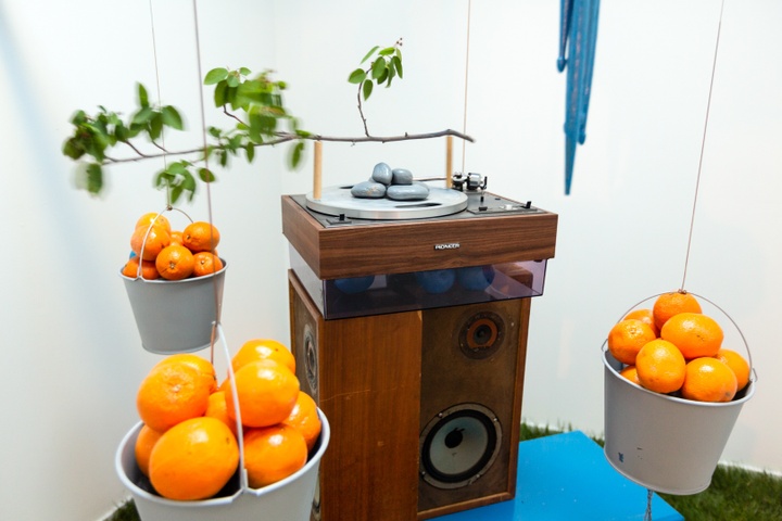 Small room with white walls and grassy ground. There are 3 buckets filled with oranges hanging from the ceiling surrounding a vinyl player with a branch attached on top of it