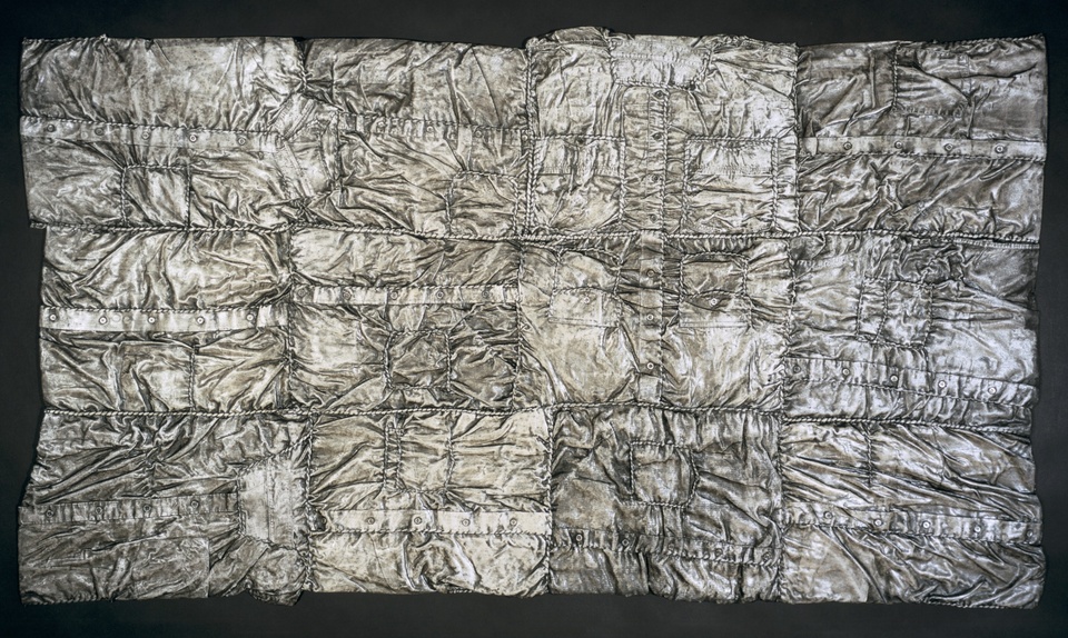 collagraph printing plate made from folded shirts, center piece of triptych