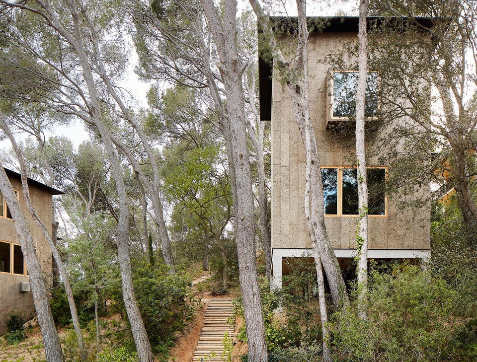 Photo of a multistory house, partly obscured by trees. The house is clad in a light-colored cork material and has two windows, stacked vertically.