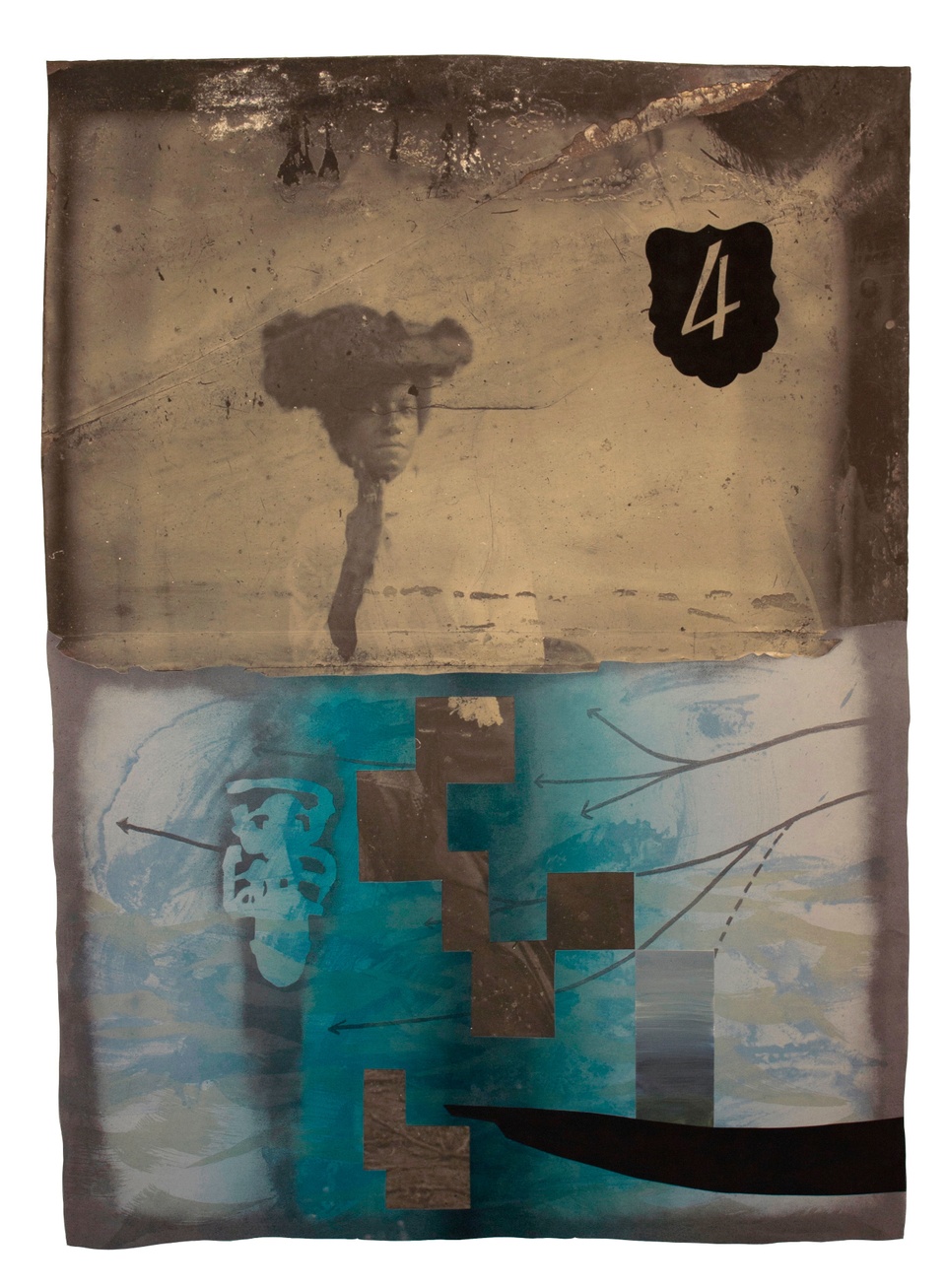 Image of photographed figure standing on the left of the frame with turquoise abstract shapes at the bottom and the number "4" in the top right corner of the image