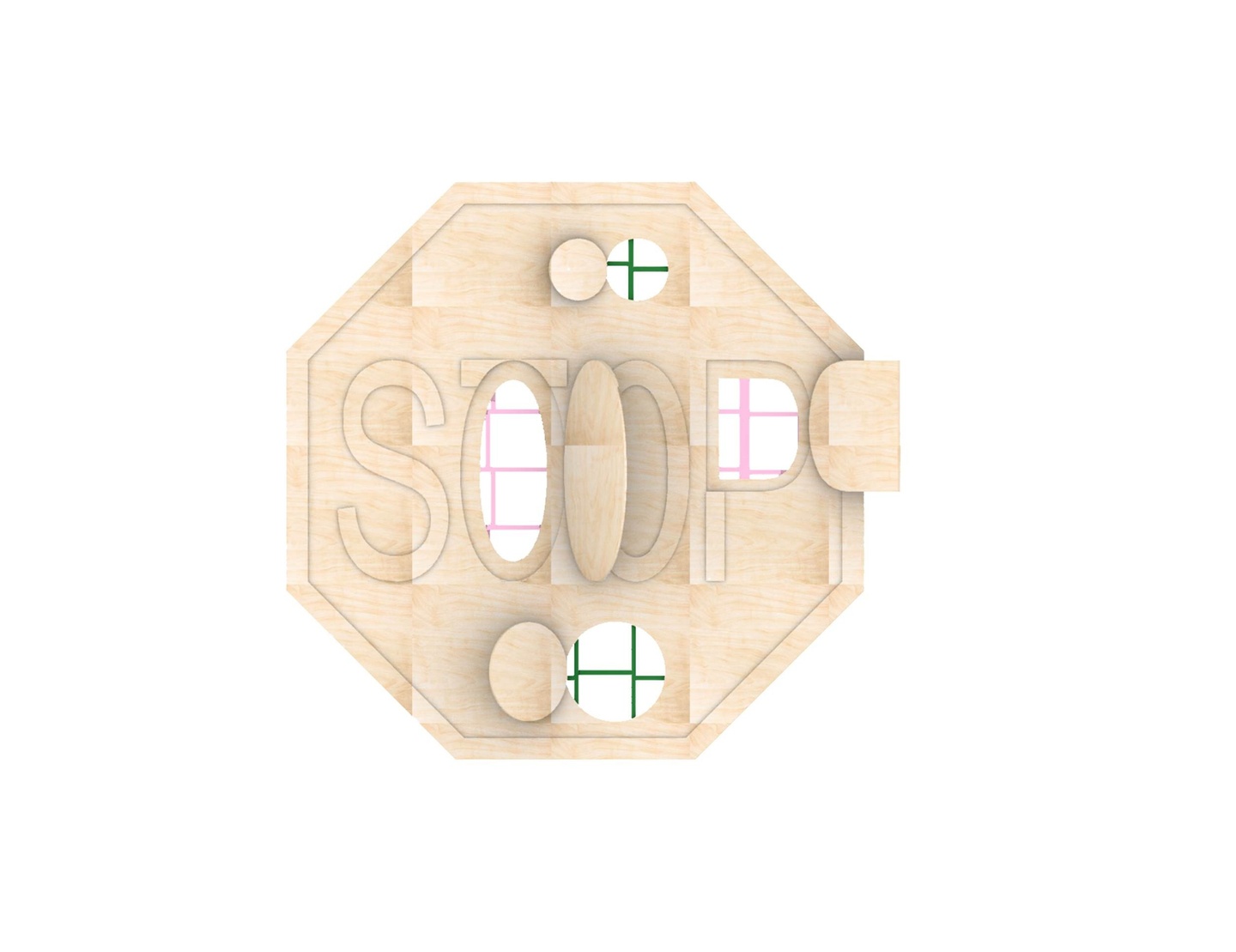 Graphic of an octagonal form made of wood, with the word STOOP written out in block letters and several openings, revealing pink and green intersecting lines.