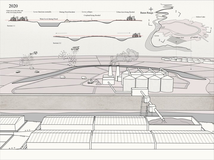 Rendering illustrating the relationship between agricultural land, petrochemical products, and barges.