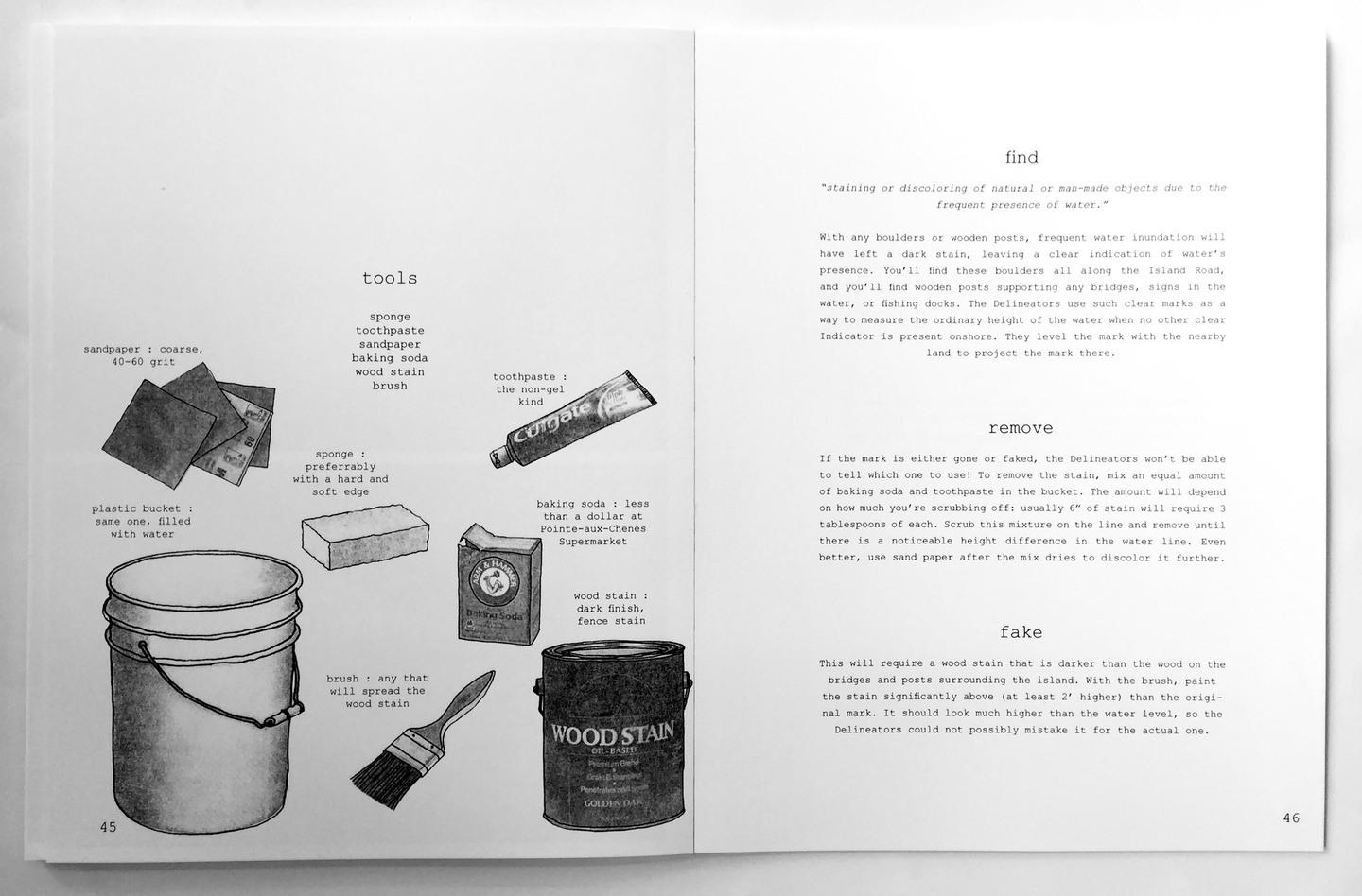 A photograph of a book with drawings of tools on the left and writing on the right all to describe methods of "staining or discoloring natural or man-made objects due to the frequent presence of water"